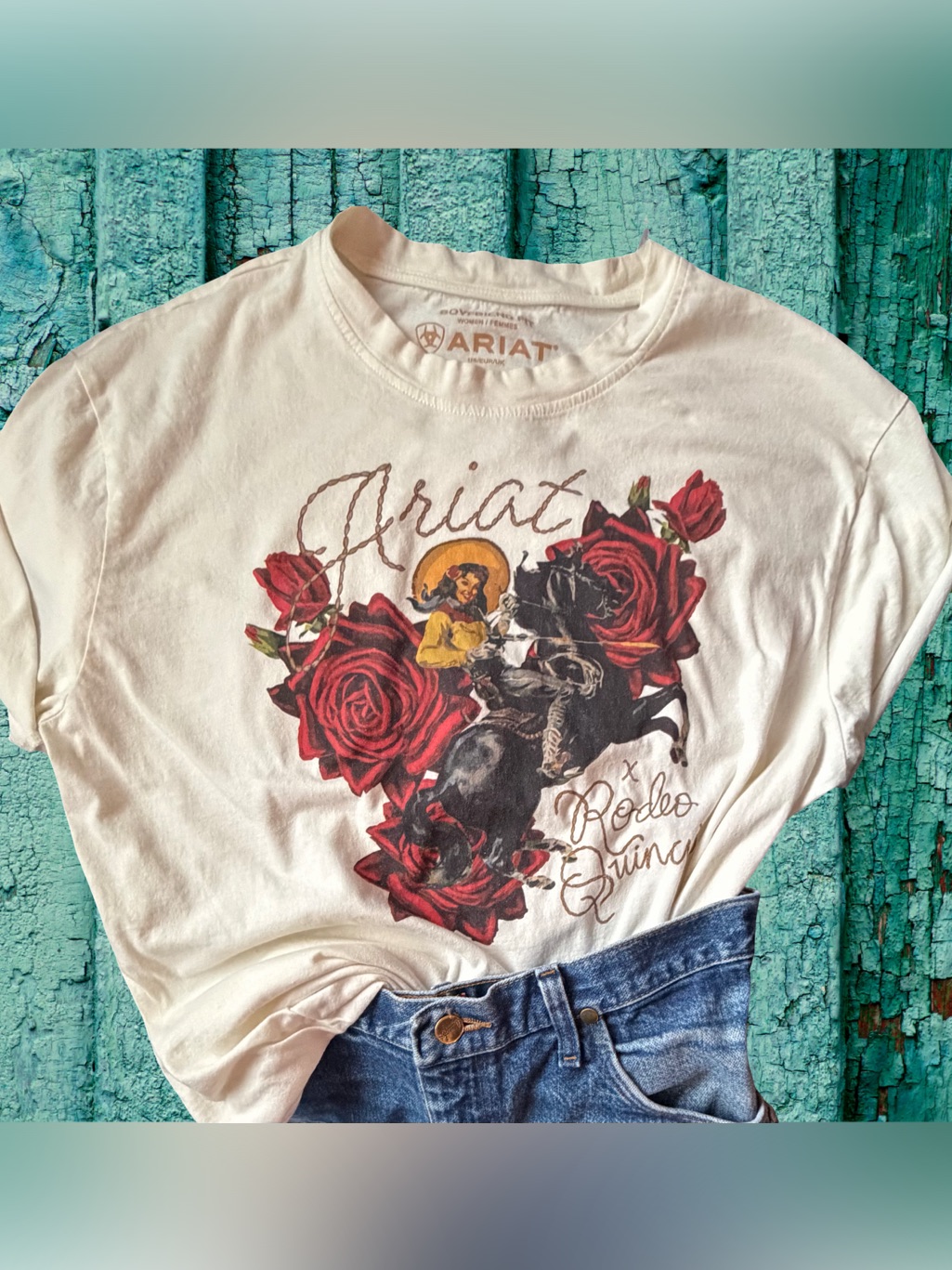 Ariat White Tee With Red Rose Rodeo Graphic